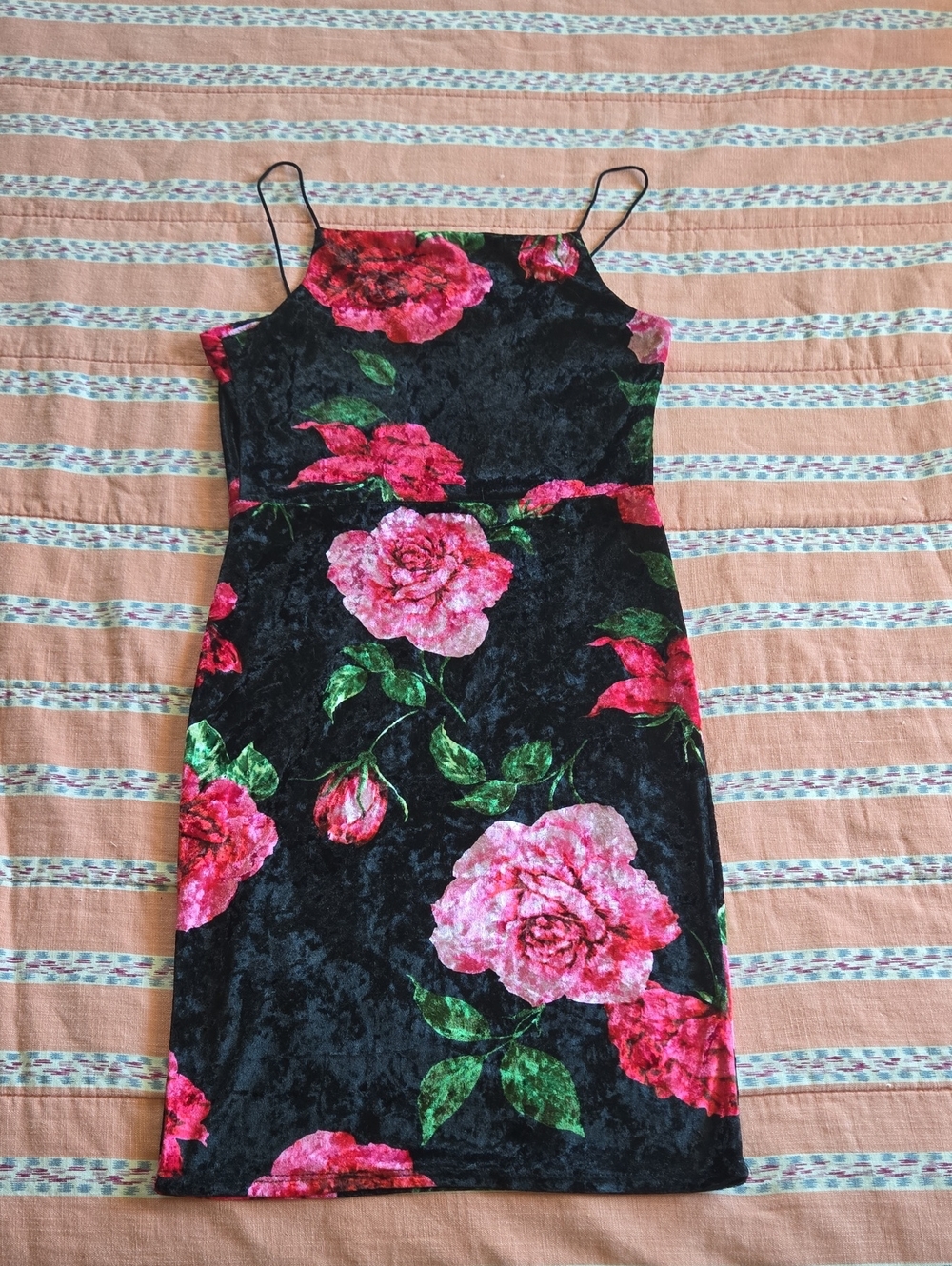 Vtg 90s Stretch Velvet Floral Mini Dress
